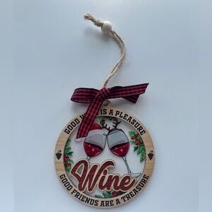 wine wooden Christmas ornament with Buffalo plaid bow